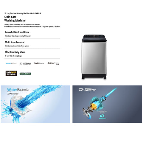 PANASONIC 12.5kg Top Load Washing Machine, TD Inverter, Stain Master