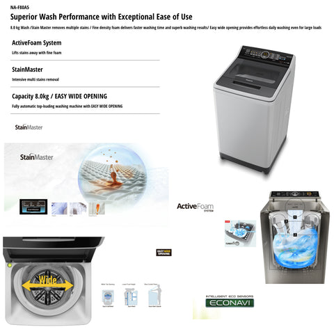 PANASONIC 8kg Top Load Washing Machine, Active Foam System