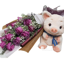 Lilac Roses Flower Bouquet with Piggy