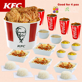 KFC Package for 4. 8pc Chicken Bucket, 4 spaghetti, 4 Mashed Potatoes, Rice, Gravy, and Coke