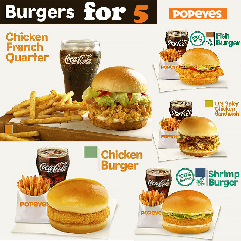 Popeyes Burgers for 5 Hot Food Delivery Philippines