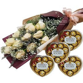Apricot Roses Bouquet with Ferrero 4 hearts