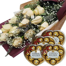 Apricot Roses Bouquet with Ferrero 4 hearts