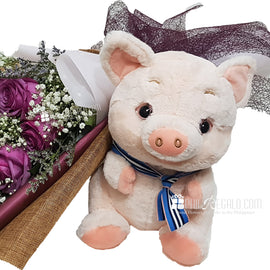 Lilac Roses Flower Bouquet with Piggy